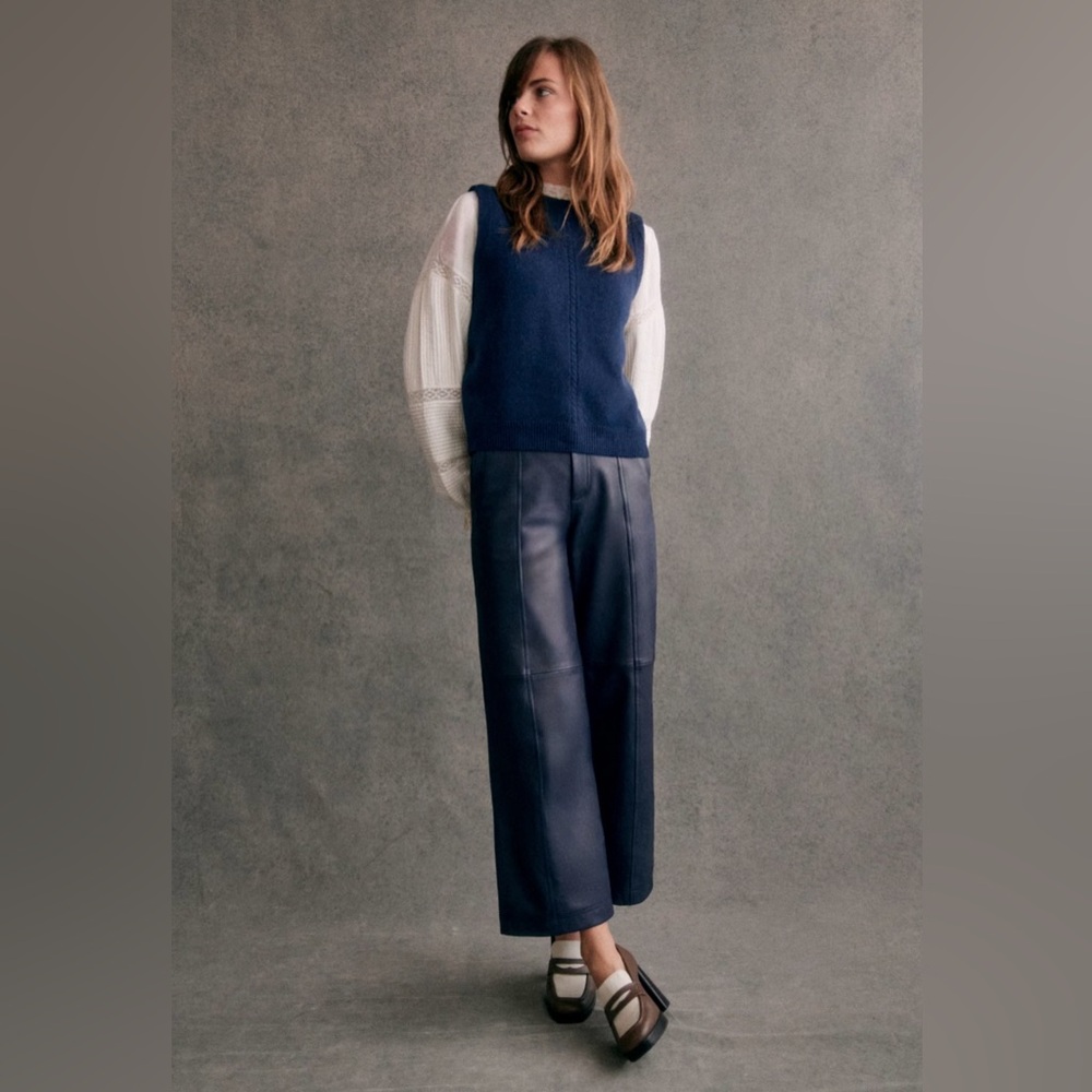 Sézane Navy Blue Leather Trousers